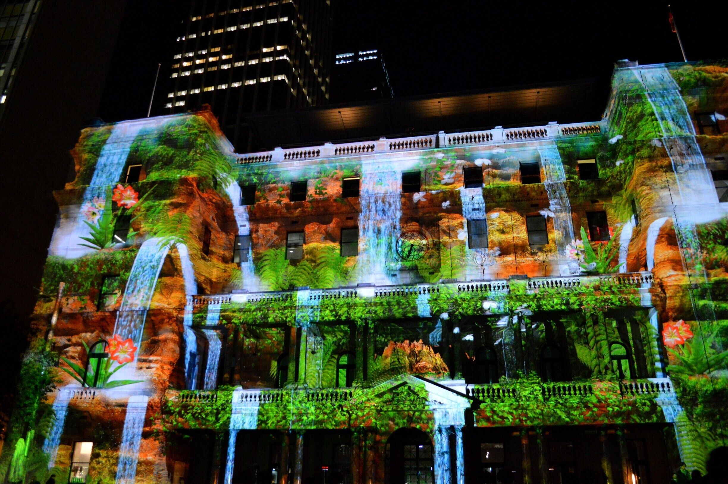 #VIVIDSydney. 
Sydney's wintery light festival. 
This cool light animation has stolen the show.  Crowds of people come to Circular Quay to see this particular event.
The VIVID event is getting bigger and bigger each year and more and more places around town are joining in the event.  
Don't miss VIVID from late May to June long weekend.
