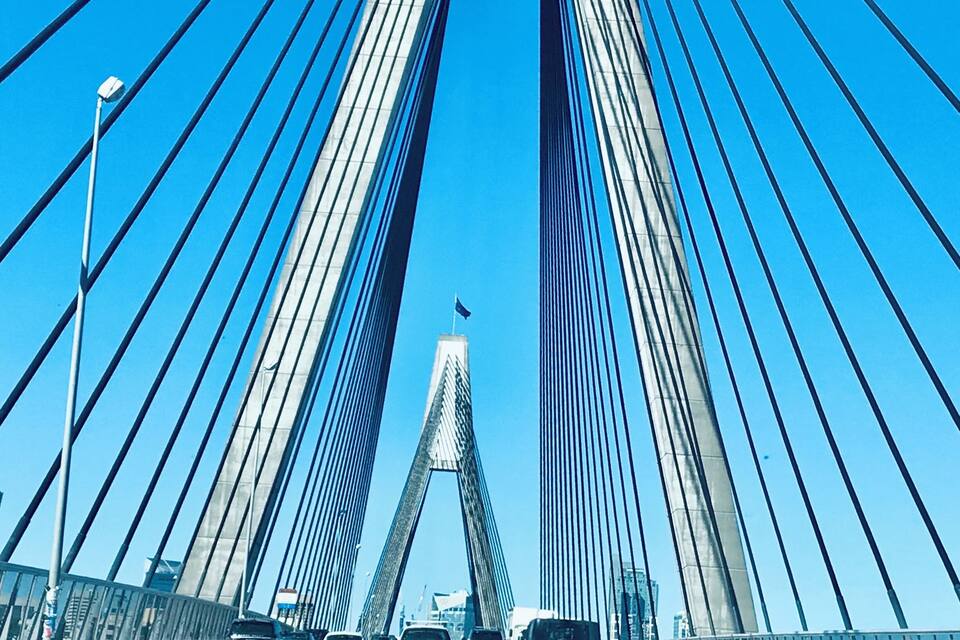 A cable-stayed bridge with multiple cables and a central tower.