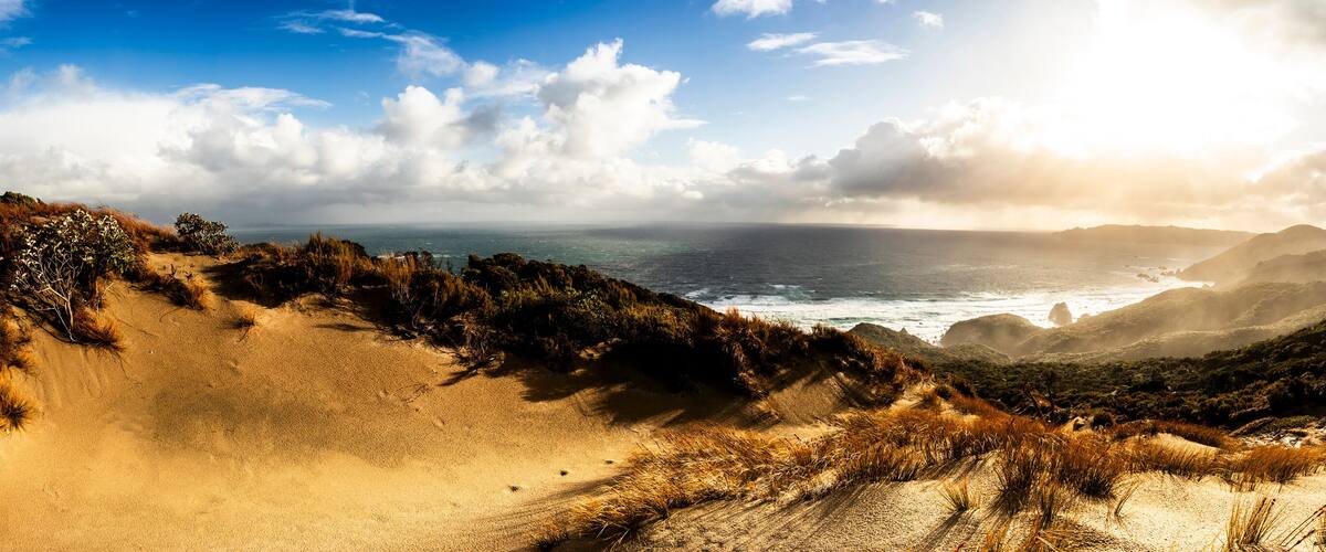 A coastal landscape with sand dunes, grassy vegetation, and a view of the ocean with distant mountains.