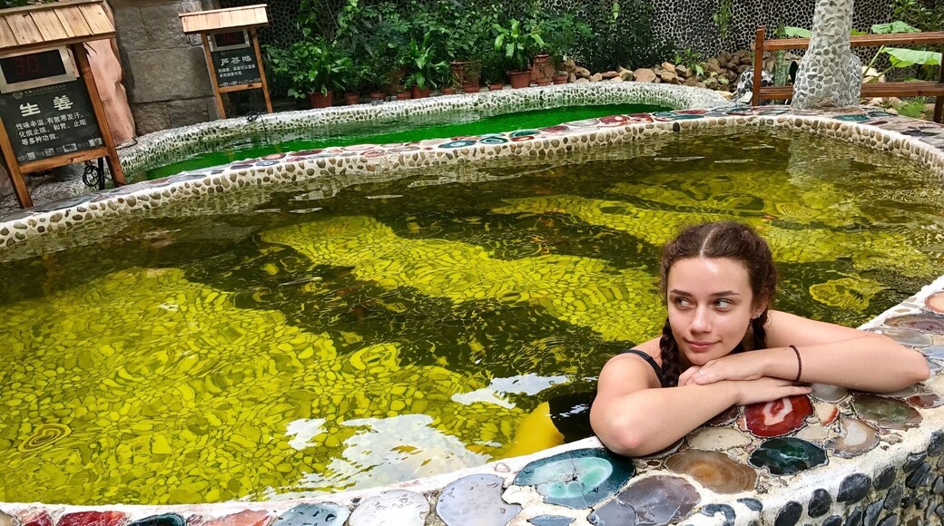 Guanlan hot springs are a perfect place to relax. There are several indoor pools, but I recommend you to go to the outdoor hot pools. Temperature is 36-37 degrees centigrade and they are filled with a variety of extracts like rose, jasmine etc.. Besides there is a list of massages provided.
Entrance ticket costs 98 RMB, which doesn't include massages.
Address: Huanguan South Road, Junzibu Village, Guanlan Town, Bao’an District, Guangdong
Business hours: 8:30- 19:00
We took a metro to Qinghu station , exit D and then a bus M339 to XingFa LuKou stop