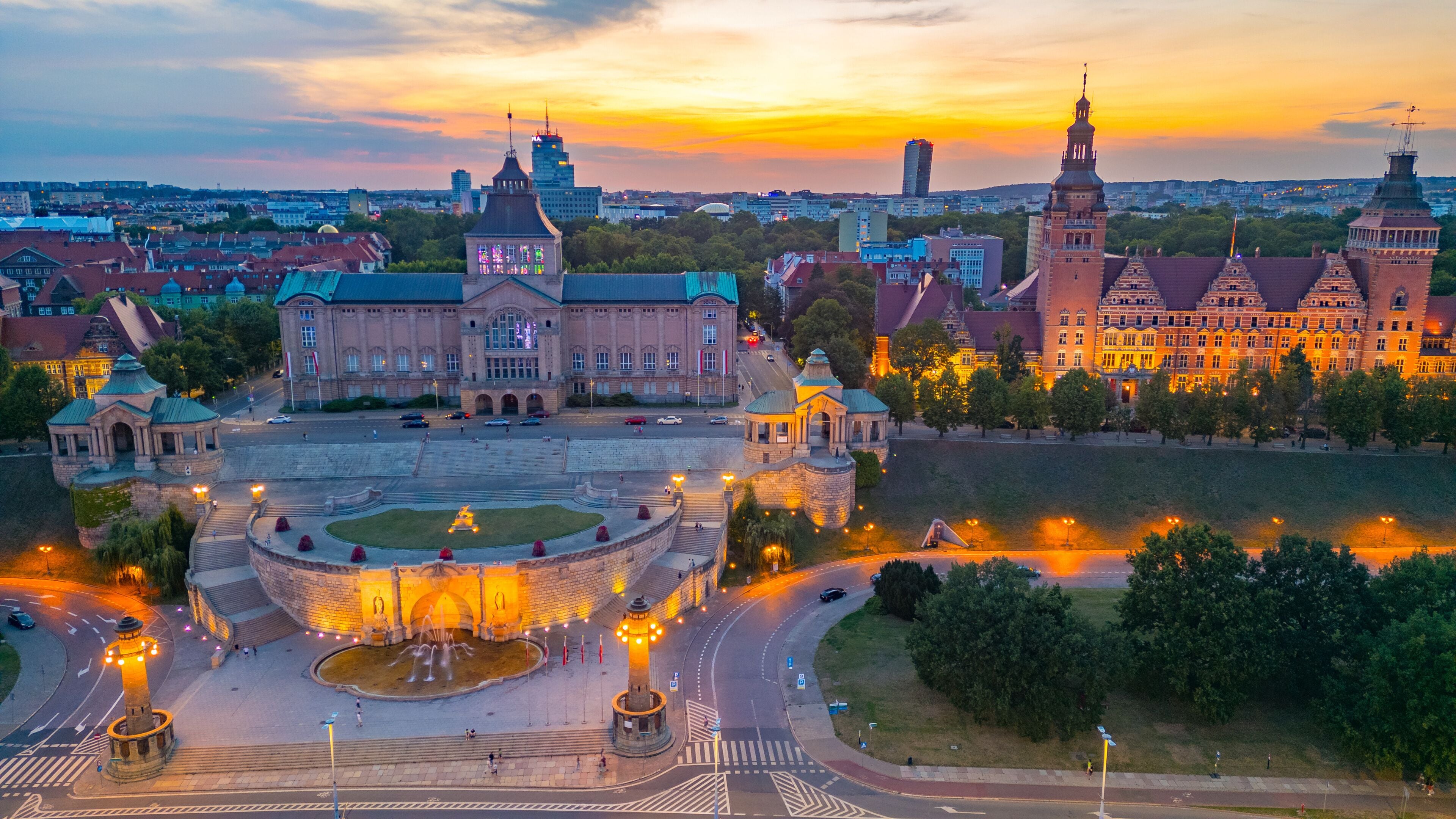 Sunset view of the National Museum in Szczecin, Poland