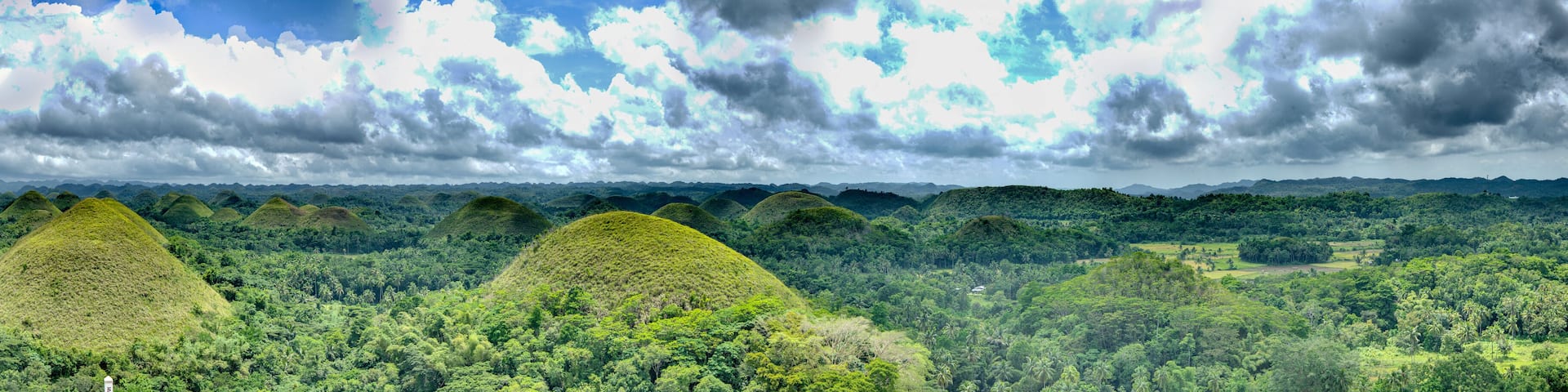 A landscape with rolling hills and dense forests.