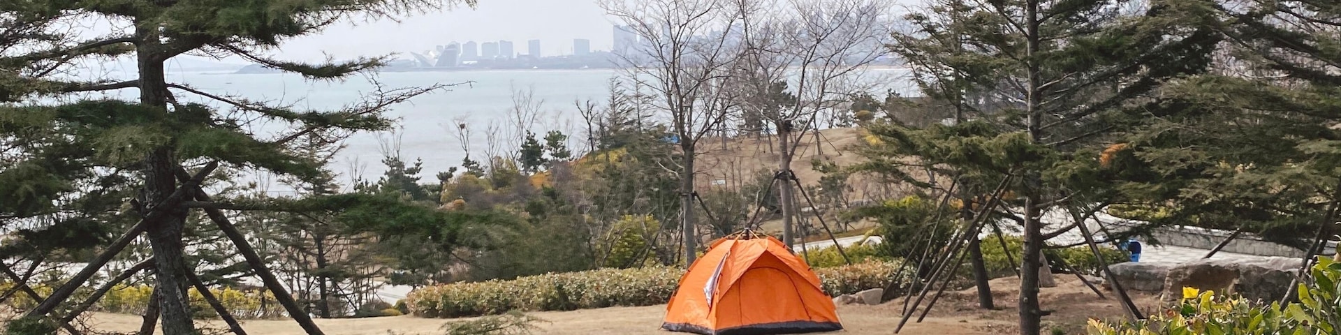 A camping area with an orange tent, surrounded by trees and a view of a distant city skyline.