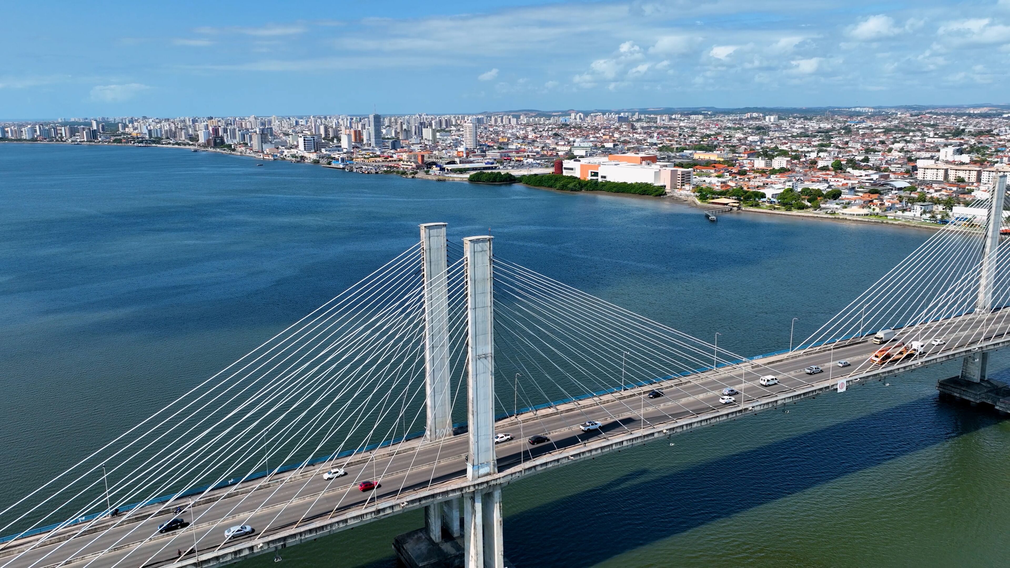 Aracaju Sergipe. Aracaju Brazil. Panning wide cityscape of Cable Stayed Bridge Aracaju capital city of Sergipe at Brazil. Travel destination. Brazil Northeast. Downtown aerial cityscape cable bridge.