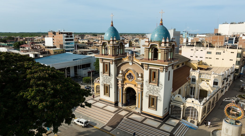 Main church of the city of Tumbes, in the north of Peru. Aerial shot