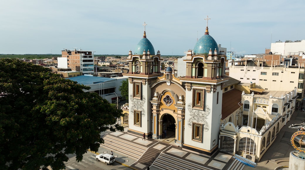 Main church of the city of Tumbes, in the north of Peru. Aerial shot
