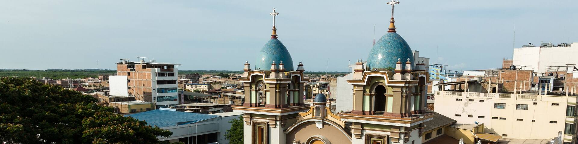 Main church of the city of Tumbes, in the north of Peru. Aerial shot