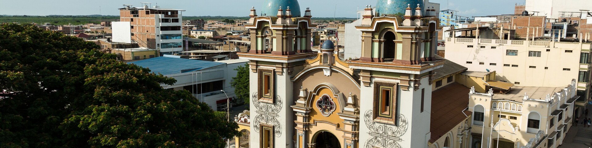 Main church of the city of Tumbes, in the north of Peru. Aerial shot