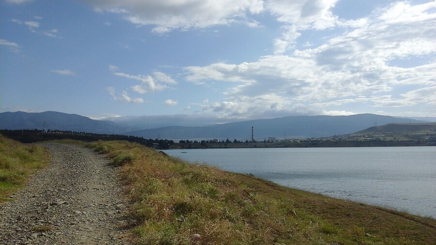 View from the Tbilisi Sea, a large, freshwater reservoir in the city of Tbilisi, Georgia.