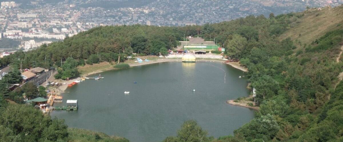 Looking down on Turtle Lake, which sits on a hillside over the city of Tbilisi, Georgia.