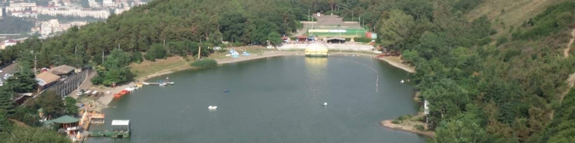 Looking down on Turtle Lake, which sits on a hillside over the city of Tbilisi, Georgia.