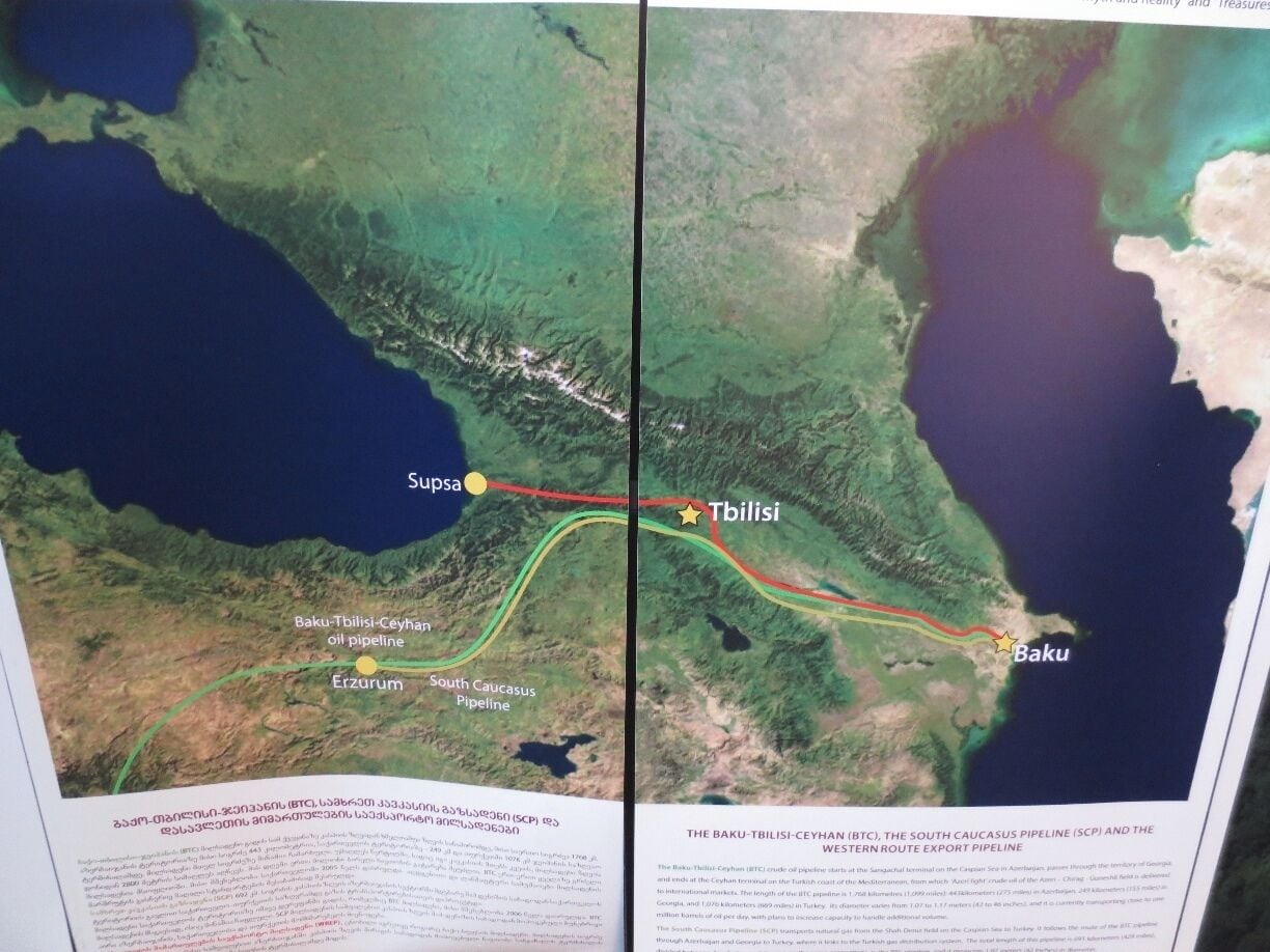 Pipelines.  View of a poster inside the Georgian National Museum showing the various pipelines the transport oil and natural gas from the Caspian to the Black Sea and beyond. 