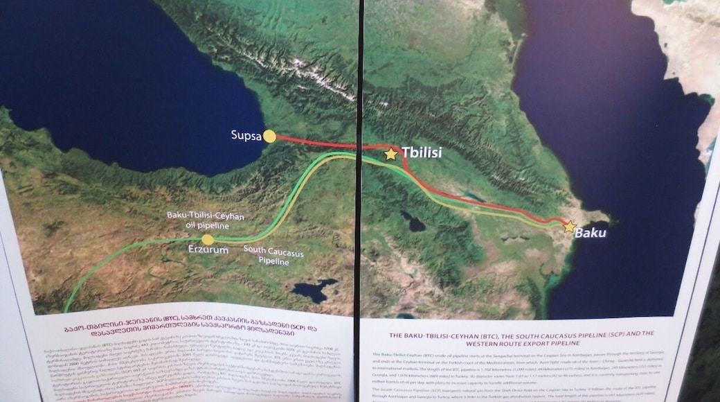 Pipelines. View of a poster inside the Georgian National Museum showing the various pipelines the transport oil and natural gas from the Caspian to the Black Sea and beyond.