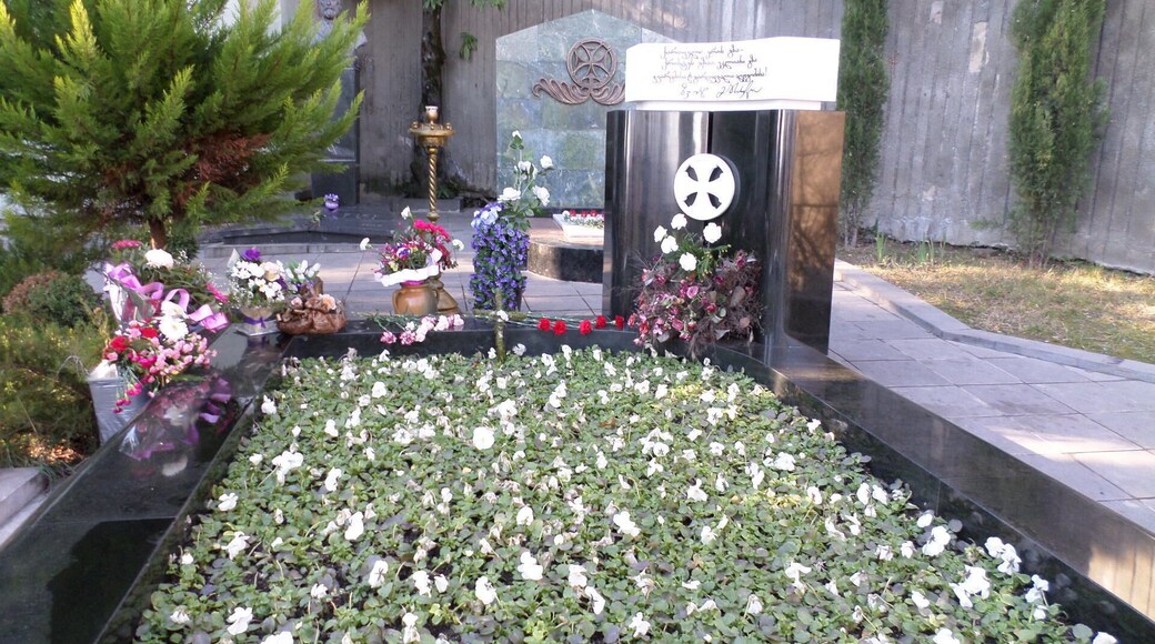 The grave of Georgia's first president, Zviad Gamasakhurdia.
His death, officially attributed to suicide, is still a frequent topic of conversation among men in the extremely macho political culture of Georgia.
Gamasakhurdia was exiled to the restive Russian region of Chechnya and his grave was briefly lost in the Chechen capital of Grozny during the civil war of the 1990s.
His grave was eventually rediscovered and he was reburied in the Mtatsminda Pantheon.