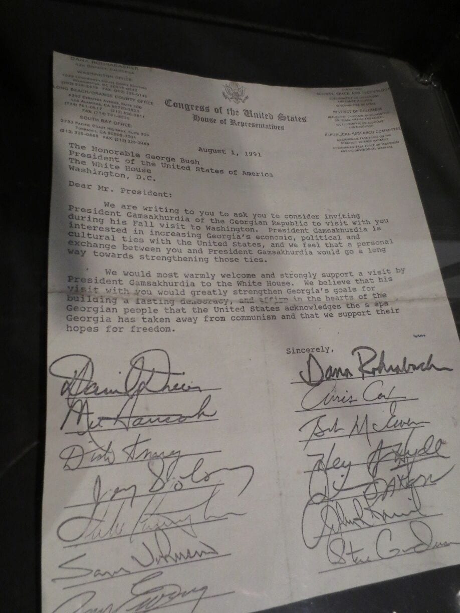 http://en.wikipedia.org/wiki/Zviad_Gamsakhurdia  1991 letter from a group of Congressmen to then President George H. W. Bush urging him to meet with the then Georgian President Zviad Gamsakhurida.