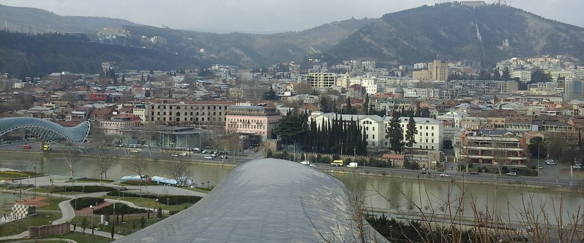 View of Rike Park, along the bank of the river Mtkvari in the city of Tbilisi, Georgia.