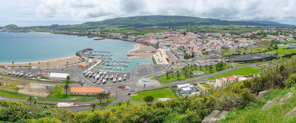 Aerial view of the marina and bay and beach of Vitoria, Terceira island-Açores-Portugal.05-05-2024