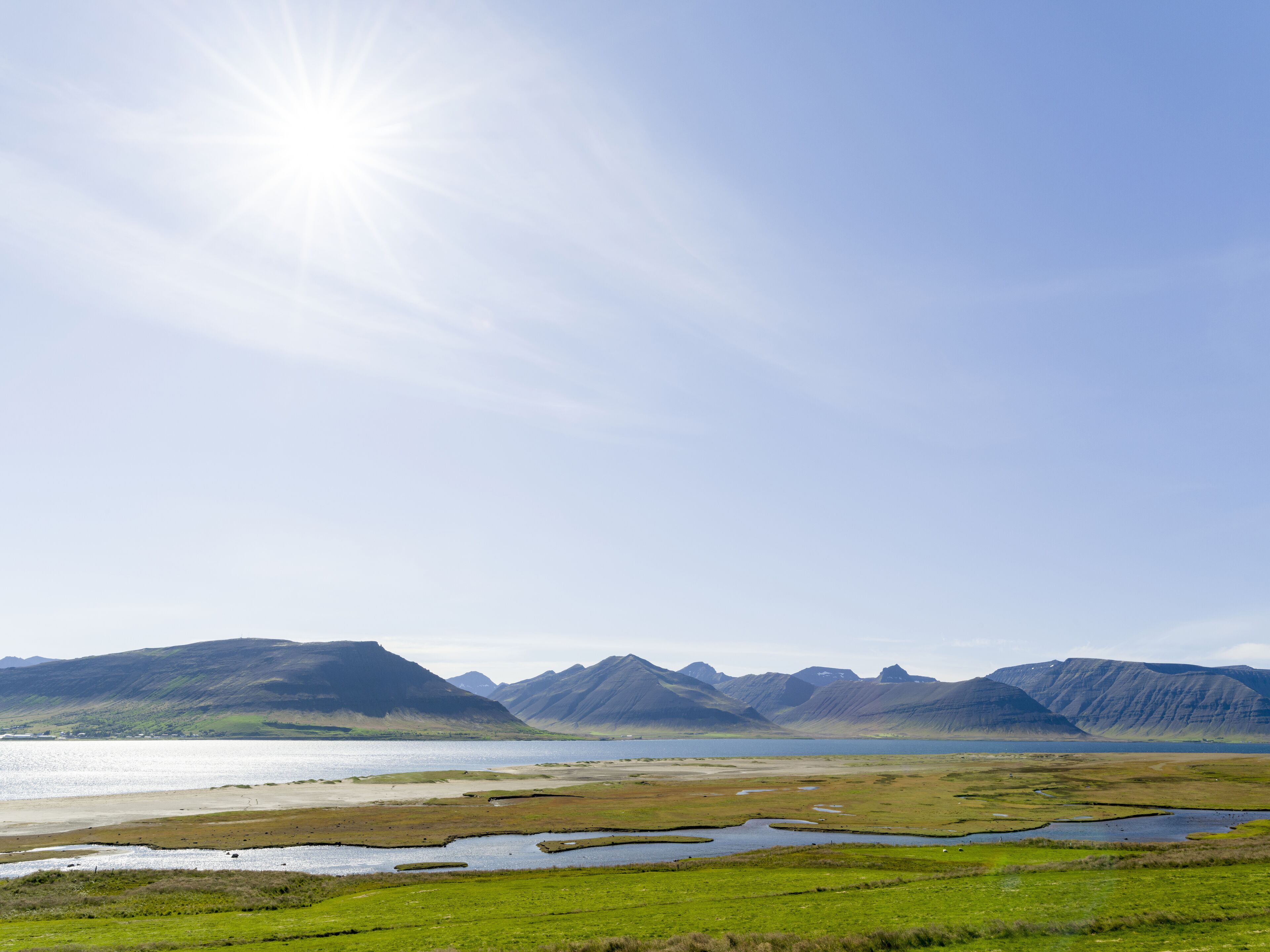 Landscape at fjord Dyrafjordur. View towards the mountains of the Thingeyri peninsula, northwest Iceland.