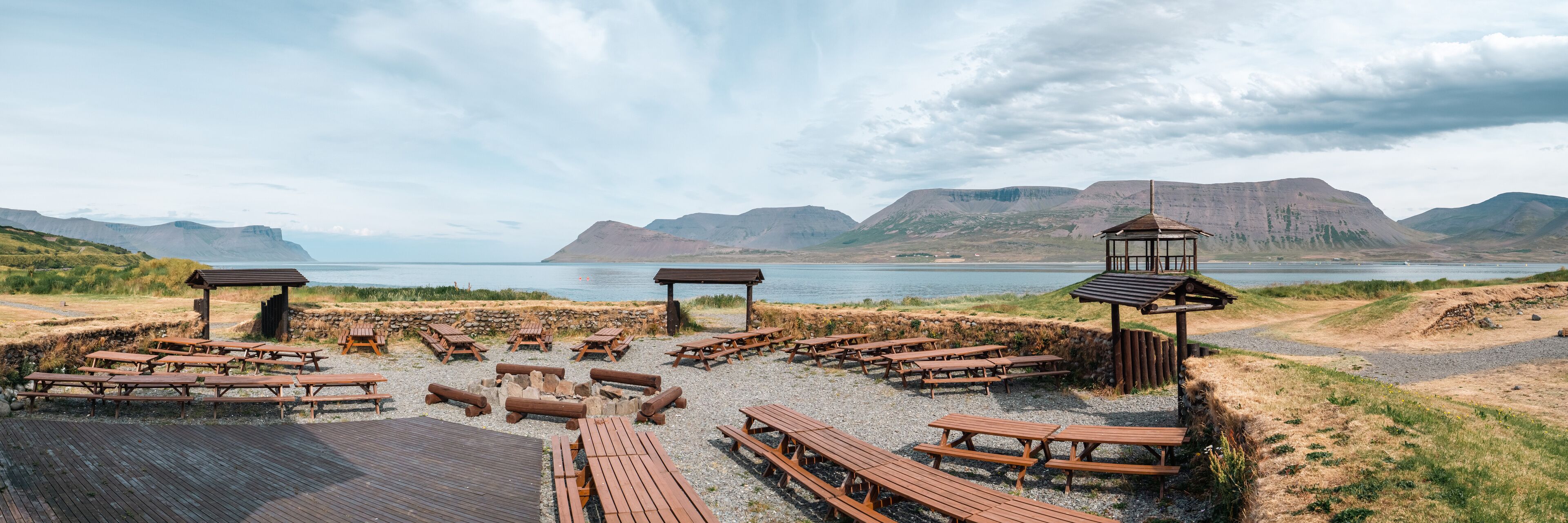 Morning panoramic view at the Thingeyri camping site located at Thingeyrarodda.