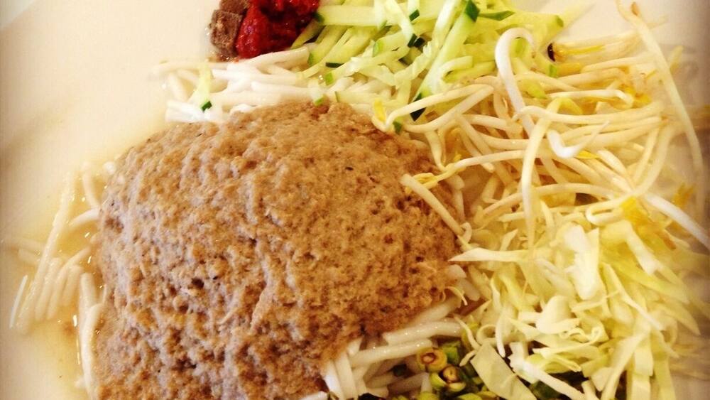 A plate with noodles, a meat patty, shredded cabbage, sliced green onions, and a dollop of red sauce.