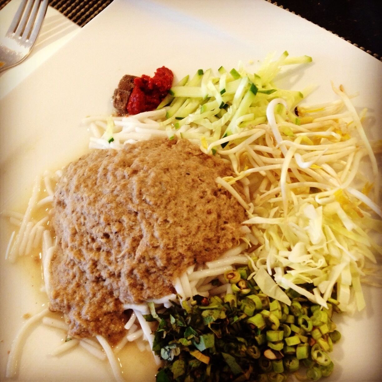 A plate with noodles, a meat patty, shredded cabbage, sliced green onions, and a dollop of red sauce.