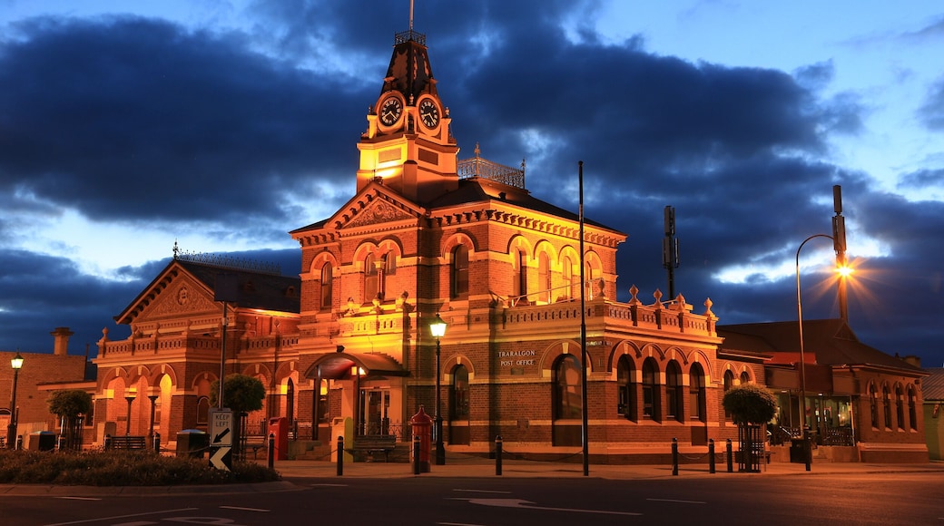 Historic post office (built 1886) in Traralgon, Victoria, Australia at twilight.
