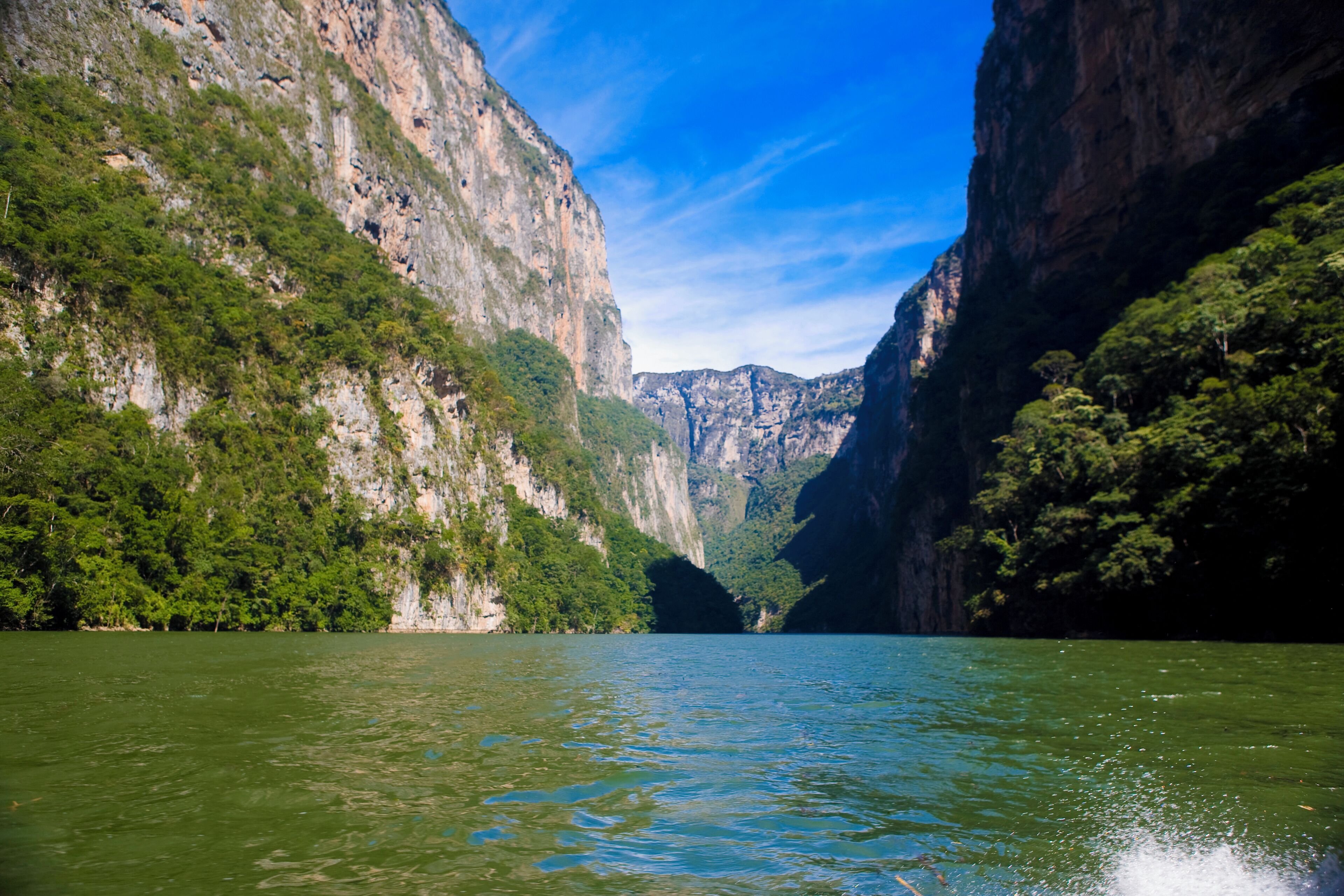Panoramic view of a lake with a mountain range in the background, Sumidero Canyon,  Chiapas, Mexico