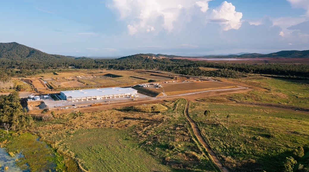 View of Aldoga hydrogen park near Gladstone, Queensland, with auxite red mud dam in background