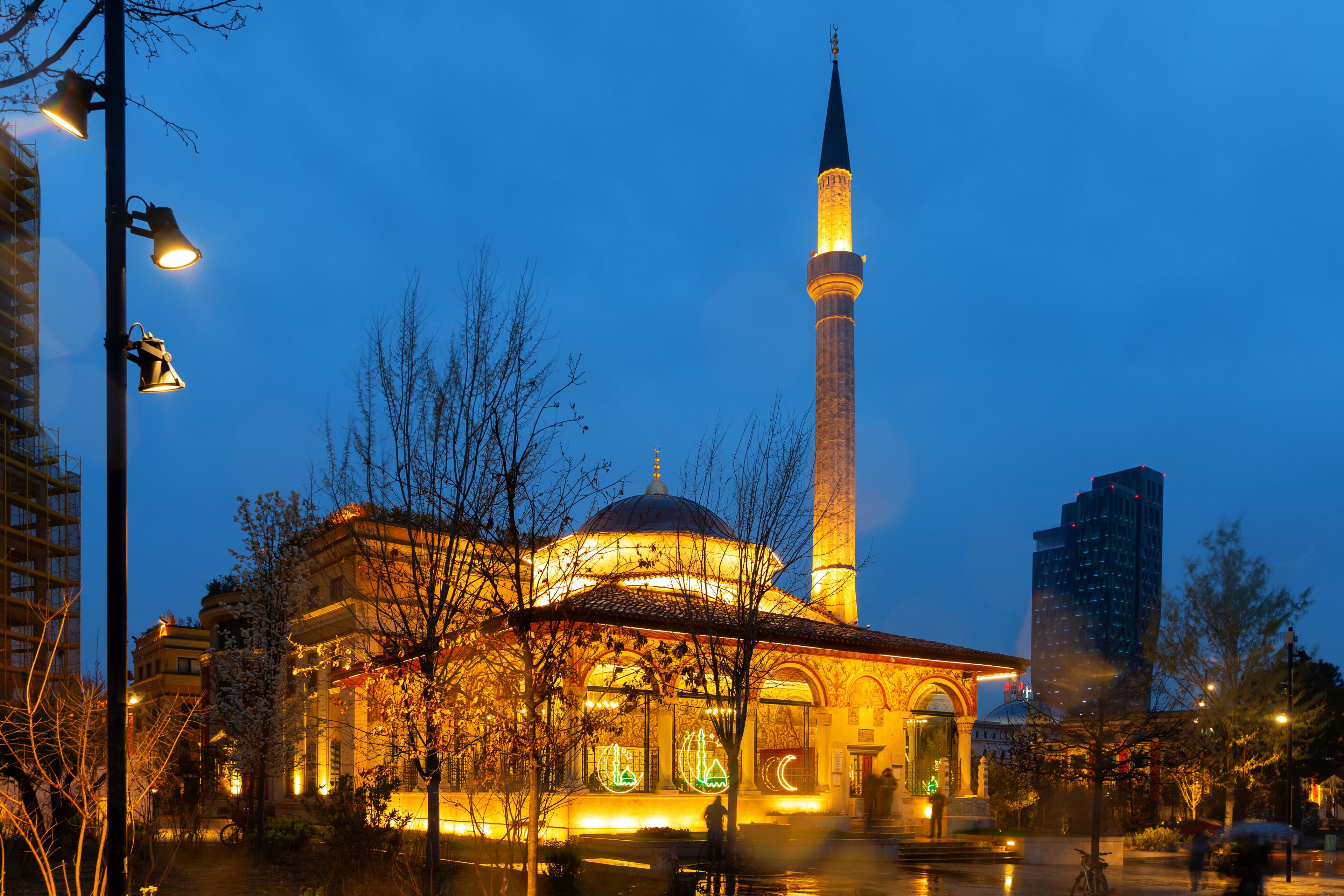The Ethem Bey Mosque at night on Skanderbeg Square. Tirana. Albania