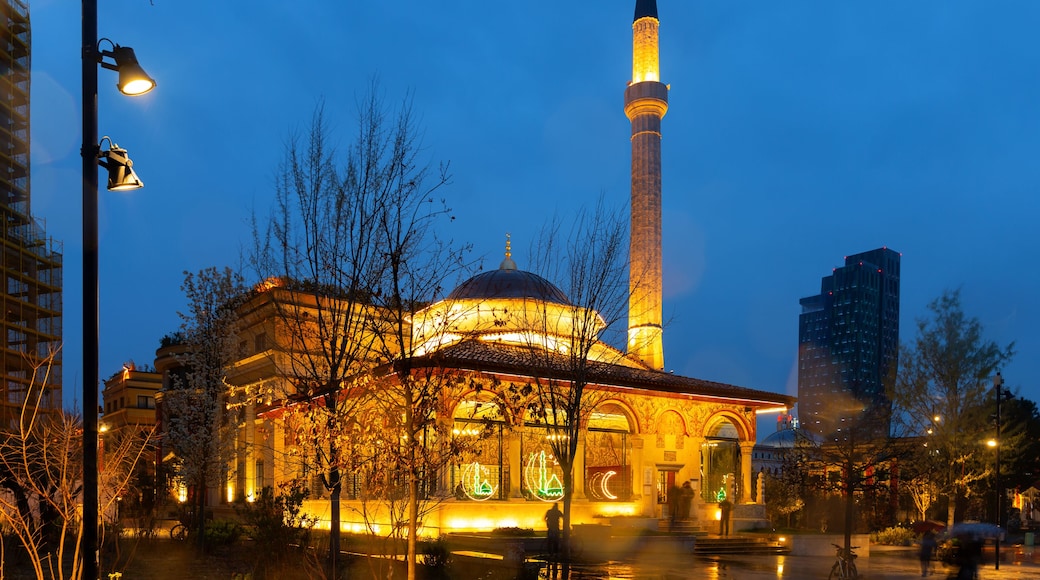 The Ethem Bey Mosque at night on Skanderbeg Square. Tirana. Albania