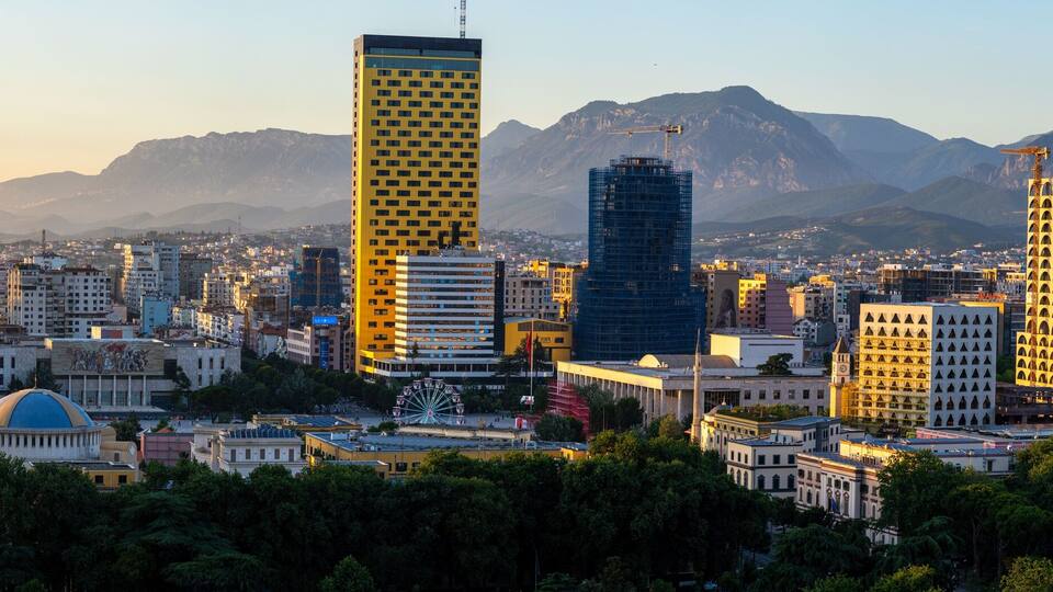 Panoramic image of Tirana Skyline just before the sunset.