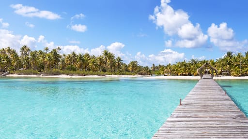 Panoramic of jetty to tropical island, Tikehau atoll, French Polynesia