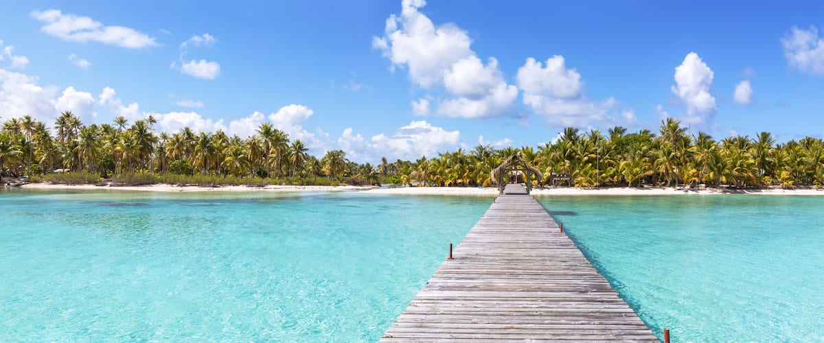 A wooden pier extending into turquoise waters, surrounded by palm trees and a clear sky.