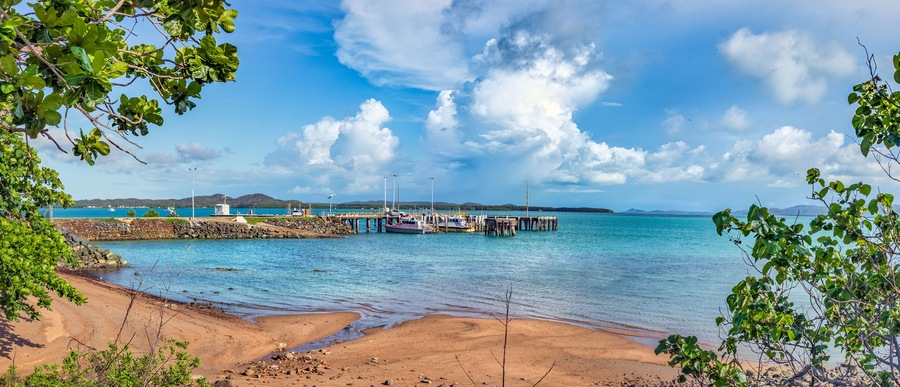 Panoramic view of the port and dock of Thursday Island in the Torres Strait at the most northern part of Australia.