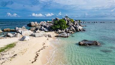 Aerial of Lengkuas (Old Indie Lighthouse Island), Belitung island off the coast of Sumatra, Indonesia