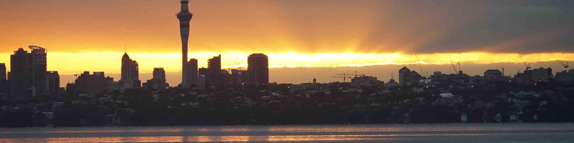 Sunrise over Auckland city - Tamaki Makaurau in Maori language.