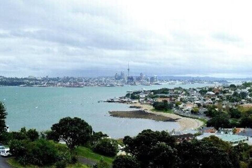 A coastal cityscape with a prominent hill, a marina, and a distant city skyline.
