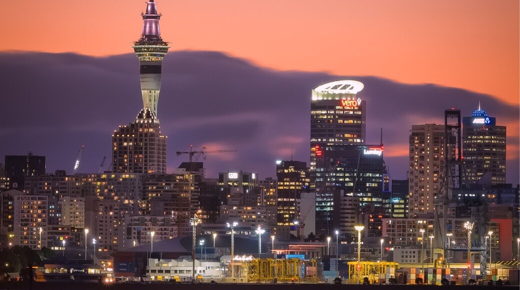 Auckland cityscape at sunset taken from Omaha bay wharf - right next to the Kelly Tarton Aquirium - head east out of the city on Tamaki Drive #BvsCities #auckland #cityscape