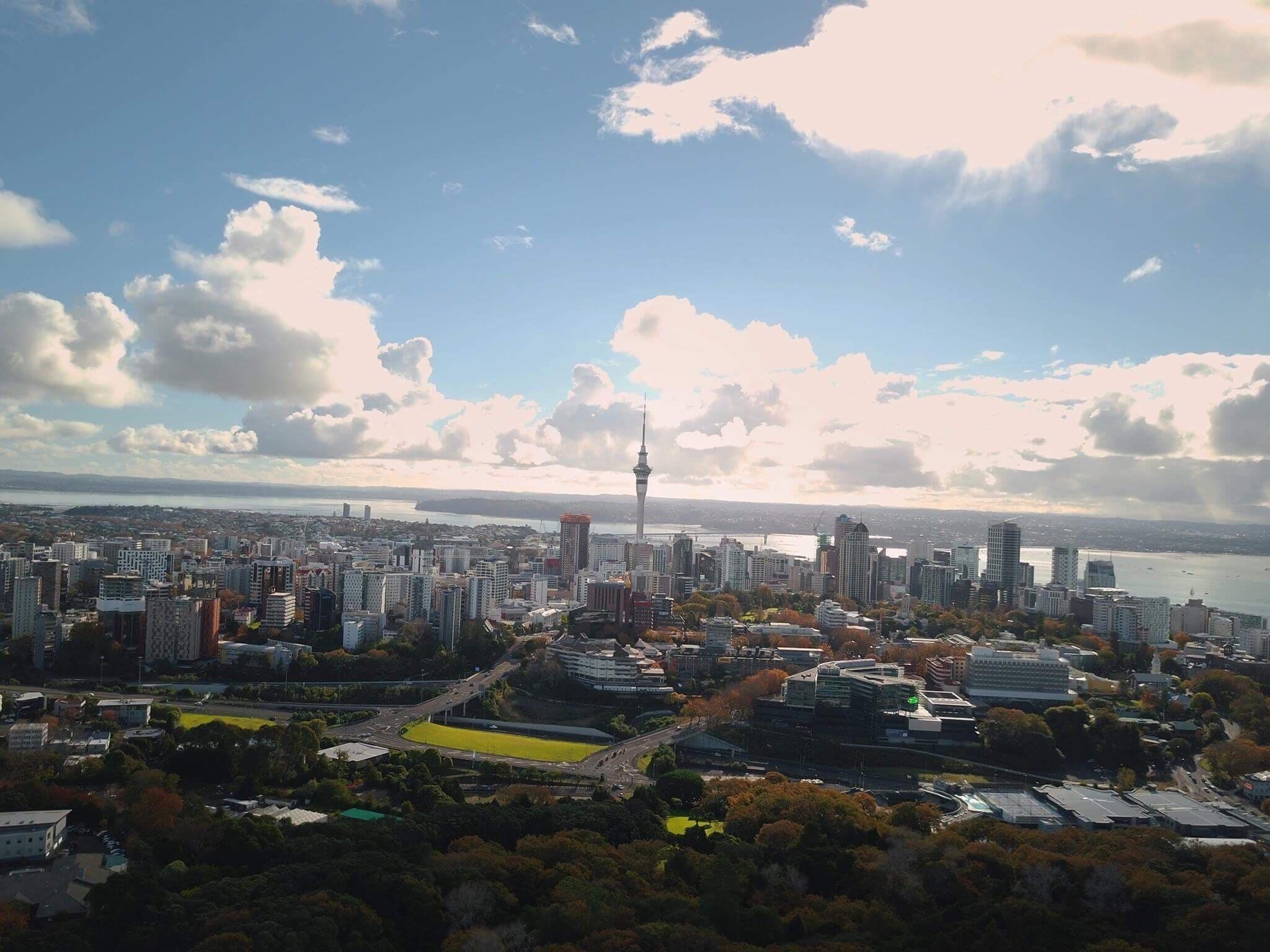 A cityscape with a prominent tower, dense urban buildings, and a body of water in the background.