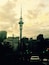 Sunset on the Sky Tower in Auckland creating a moody backdrop.