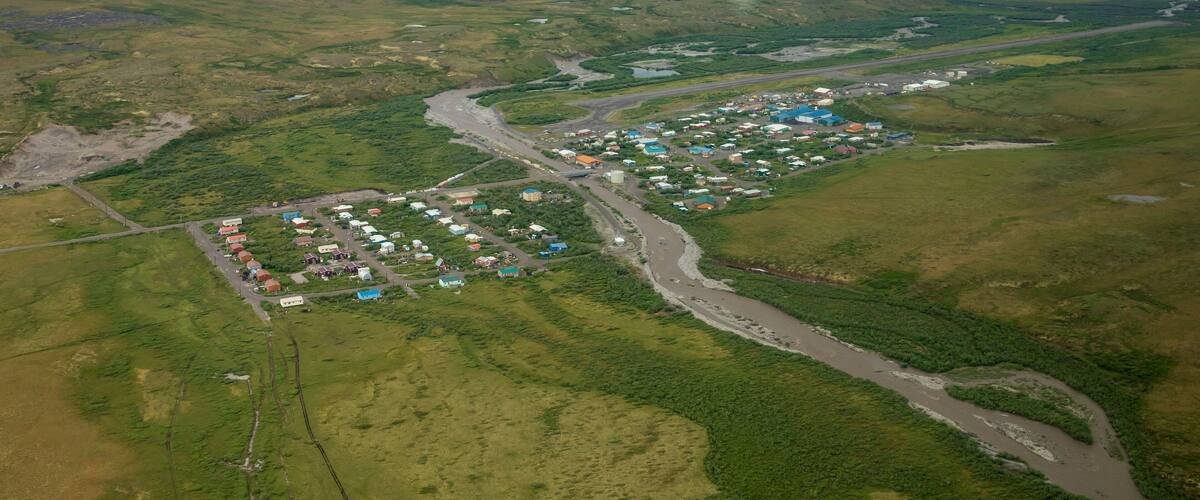Aerial landscape view of the town of Anaktuvuk Pass, located in Gates of the Arctic National Park in northern Alaska.