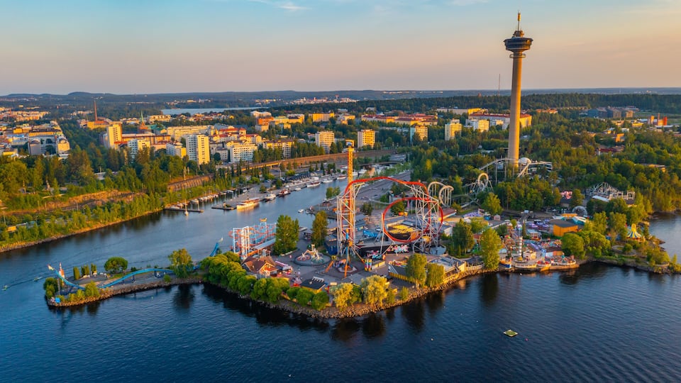 Aerial view of Särkänniemi amusement park in Tampere, Finland.