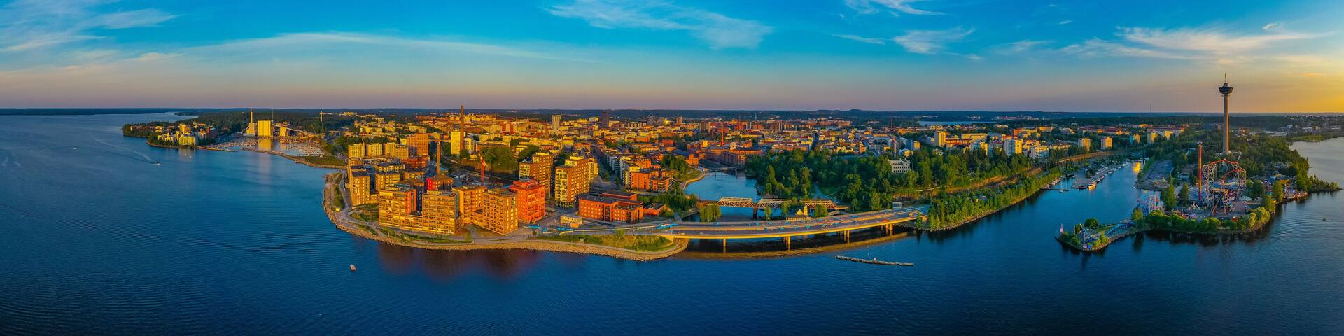 Panorama view of Särkänniemi amusement park and town of Tampere, Finland