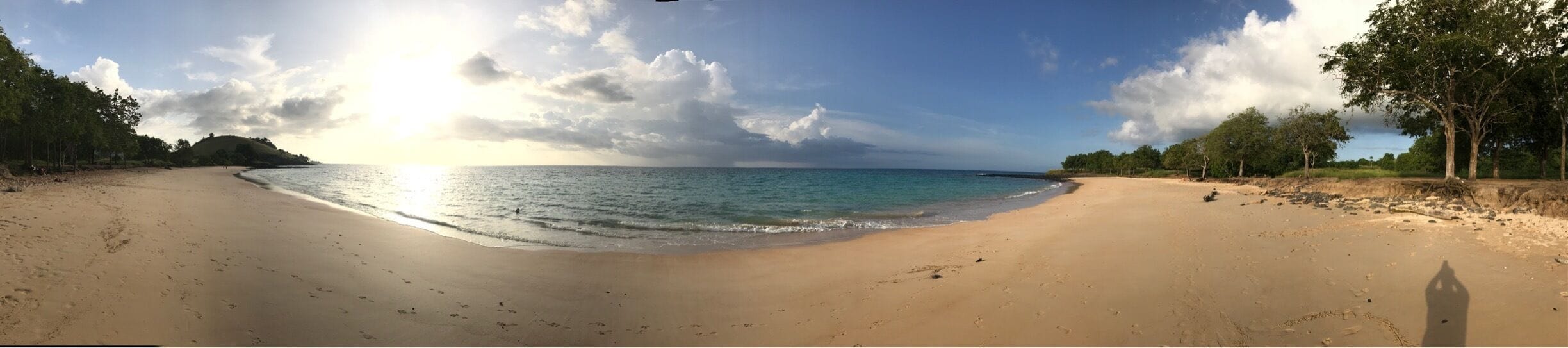 A wide sandy beach with gentle waves, a clear sky, and trees on the right.