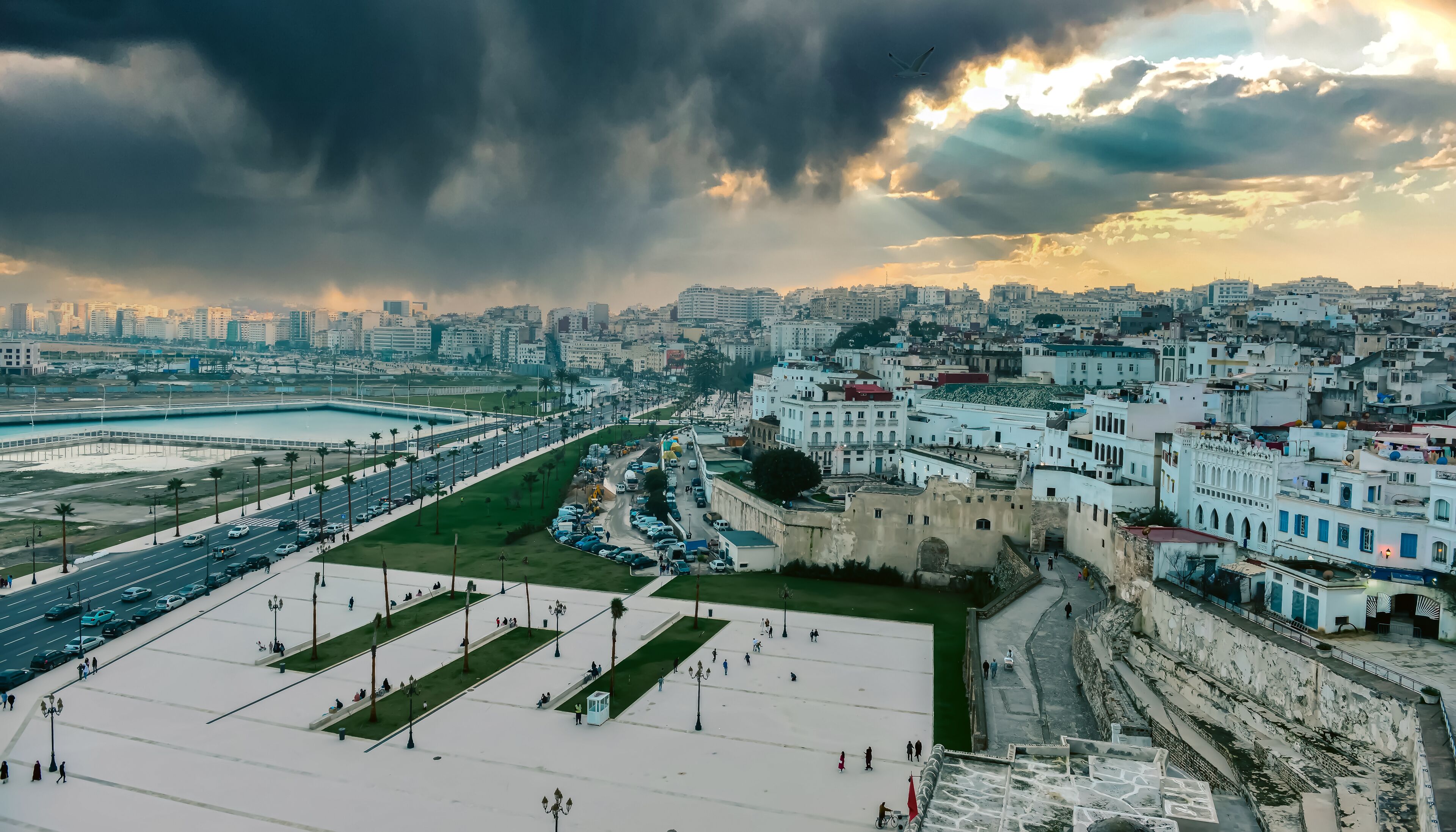 Panoramic cityscape from old fortress with view of port and coastal structure in Tangier. Morocco