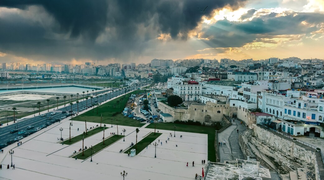 Panoramic cityscape from old fortress with view of port and coastal structure in Tangier. Morocco
