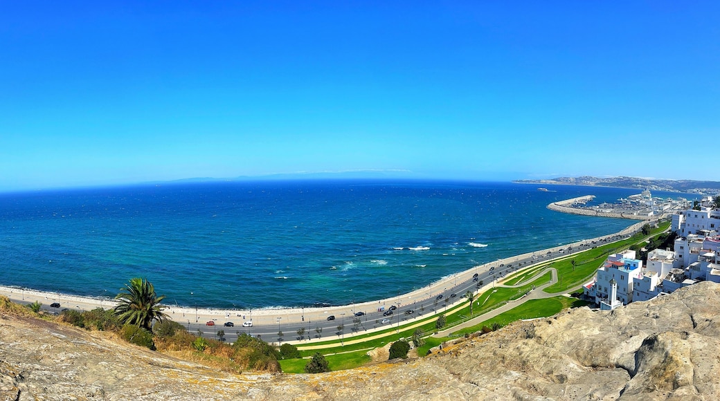 A panoramic view of the old city of Tangier with a view of link between the Mediterranean sea and the Atlantic sea and the port of tangier, morocco
