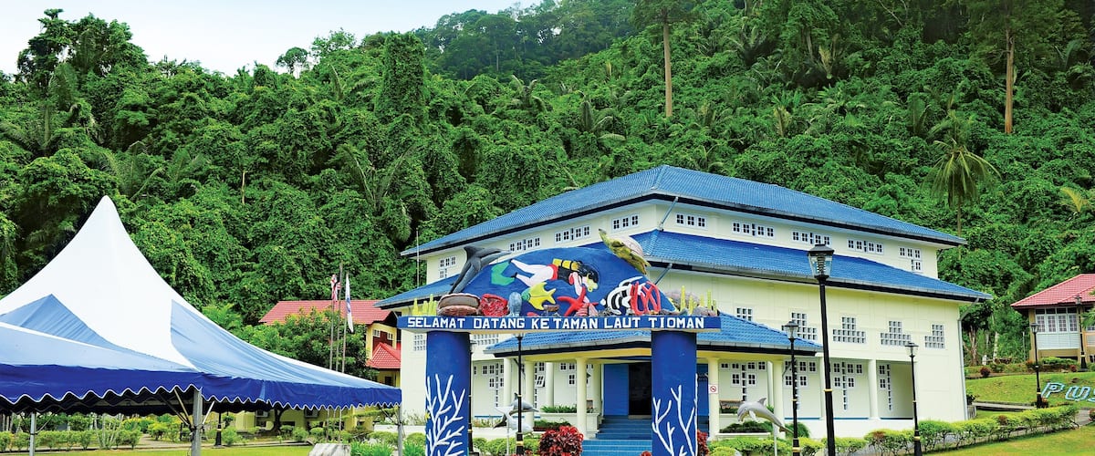 A building with a blue roof and a colorful mural. There is a tent and a garden with red bushes.
