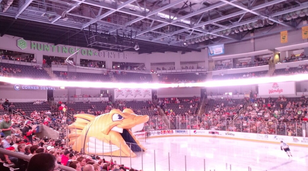 #OurFishOurFight
An enormous inflatable head of Spike, the main mascot for the Toledo Walleye hockey team, serves as a gateway for the players to enter the ice during the announcement of the starting lineups.