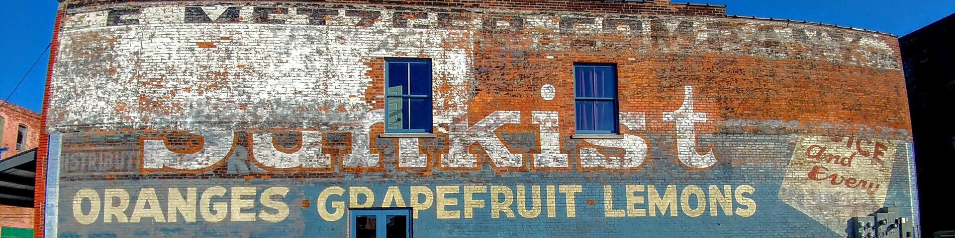 A Sunkist advertising mural was uncovered during the renovation of this building in downtown Toledo.
The mural was painted sometime after Siegfried Metzger opened his wholesale fruit and vegetable company in 1923.
The mural was buried in the 1940's when a two-story loading garage was added to the building.
I hope to post more pictures as the restoration/recreation progresses.